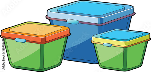 Cartoon Colorful Food Storage Containers on Transparent Background