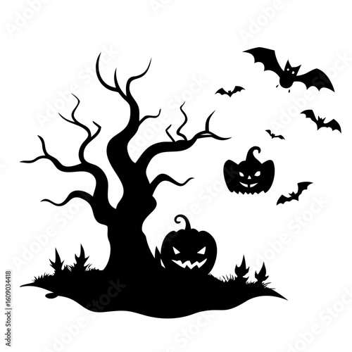 Spooky Halloween night scene featuring a gnarled tree silhouette, flying bats, and grinning pumpkins for invitations, posters, and digital designs this season