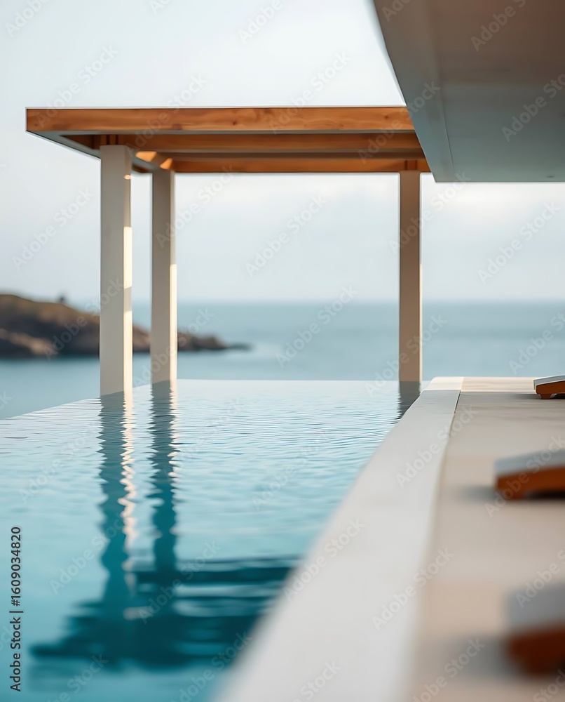 Fototapeta premium Tranquil infinity pool view with ocean backdrop and wooden structure