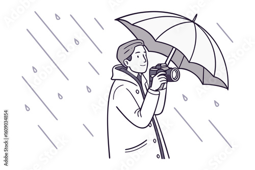 Man with camera and umbrella bravely capturing moments amidst a heavy downpour of rain