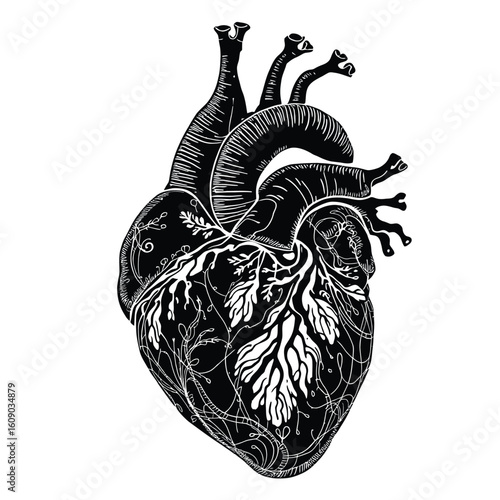 Anatomical Human Heart Silhouette – Black and White Vector Illustration Featuring Aorta, Pulmonary Arteries, and Veins