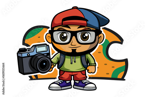 Cartoon photographer character with camera and backpack ready for adventure and capturing memories