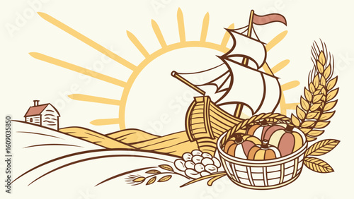 Schwenkfelder Thanksgiving Vector Art, Historic Sailing Ship and Harvest Cornucopia