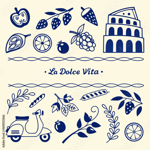 Hand drawn chalk food illustrations. Breakfast, lunch icons. Wine glass, coffee, croissant, cheese, bread drawings for wedding invitations, cafe menus and parties. La dolce vita italian sketch style.
