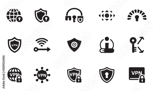 Collection of VPN and Cybersecurity Icons, A set of black and white icons representing various aspects of VPN and cybersecurity.
