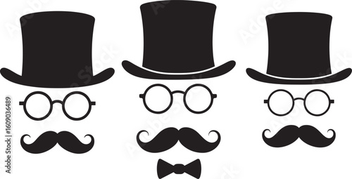 Three gentleman faces with top hats glasses and mustaches silhouette