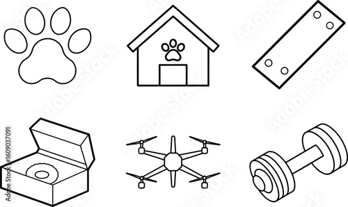 Pet Care Icon Set with Paw Print Bone Dog House and Food Bowl