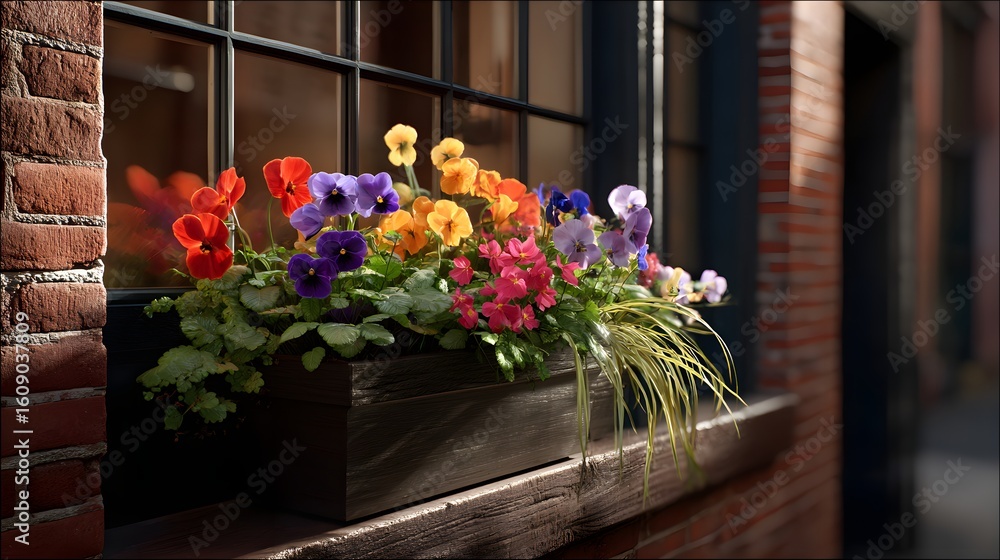 Fototapeta premium Colorful Pansies in a Window Box Displaying Vibrant Blooms on a Sunny Day in an Urban Setting