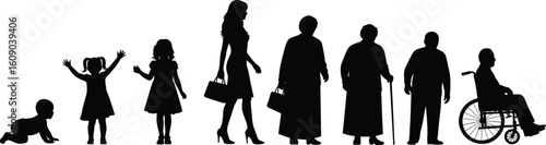 Human life stages silhouette, crawling baby, young child, teenager, adult woman, elderly person, aging journey, healthcare, mobility, generational growt