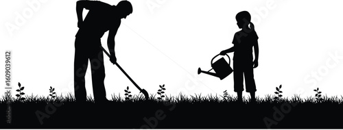Gardening teamwork, silhouette of father and child, outdoor planting, watering plants, family bonding, nature care, growth, nurturing garden together