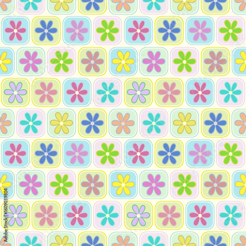 Pastel Retro Daisy Seamless Pattern, Kawaii Cute Flower Tiles Background.
