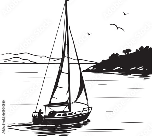Silhouette of a sailboat on a calm sea during a journey isolated on transparent background