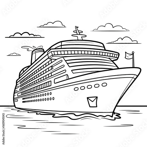 A black and white cruise ship illustration vector style coloring page 