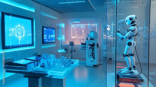 futuristic robotic laboratory with advanced technology for artificial intelligence AI innovation automation development modern science engineering concept.