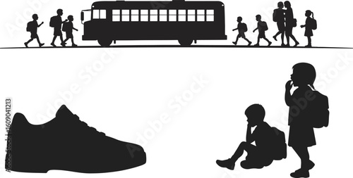 Vector silhouettes of people walking in the park, including families, couples, and children, in a black art illustration