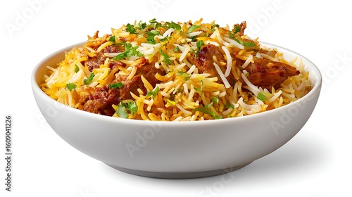 Lonely bowl of trendy biryani isolated on a plain white background