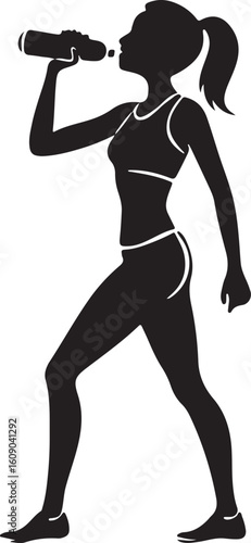 Silhouette of a fit woman drinking from a water bottle in a refreshing pose isolated on transparent background
