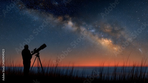 Astronomer Staring Through Telescope at Starry Night Sky with Milky Way Over the Horizon