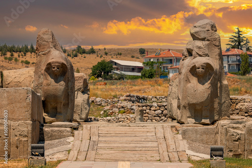 Ancient gate entrance with sphinx from the Hittite period in Alacahoyuk. Corum, Turkey.