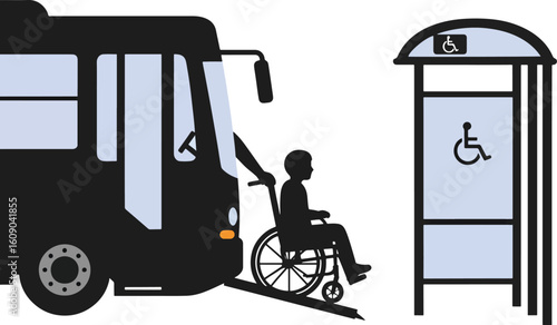 City life unfolds with diverse transportation, from a family waiting at a bus stop to a delivery van on the road, accommodating people of all abilities, including those using wheelchairs