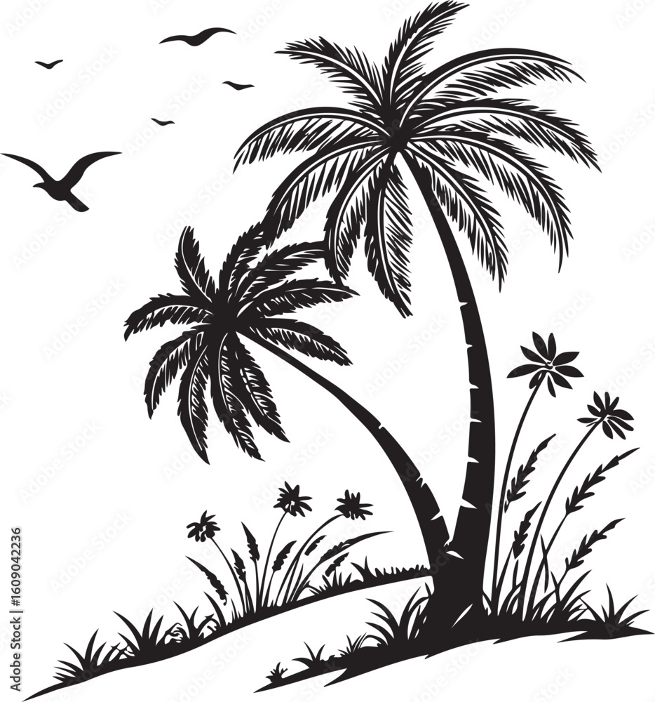 Fototapeta premium Tropical palm tree silhouette on a clean white backdrop perfect for summer beach designs isolated on transparent background