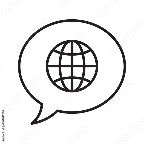 International dialogue icon showing world globe in chat bubble for global communication language translation and multilingual online support