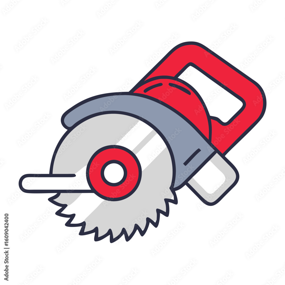 Electric circular saw icon with red handle and sharp blade Electric circular saw icon with red handle and sharp blade