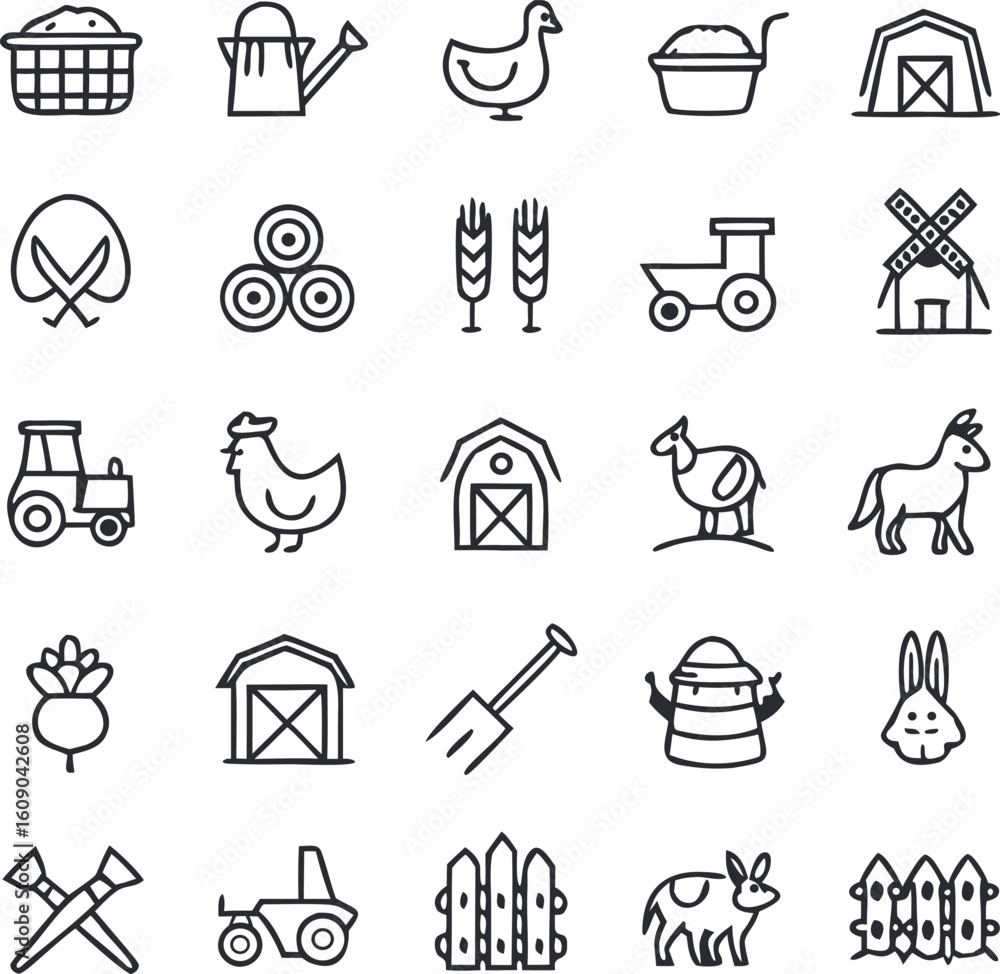 Fototapeta premium Farm Life Line Icons | Adjustable Line Weight | A continuation of farm-themed illustrations featuring barns, tractors, chickens, tools, animals, and garden items representing rural life.