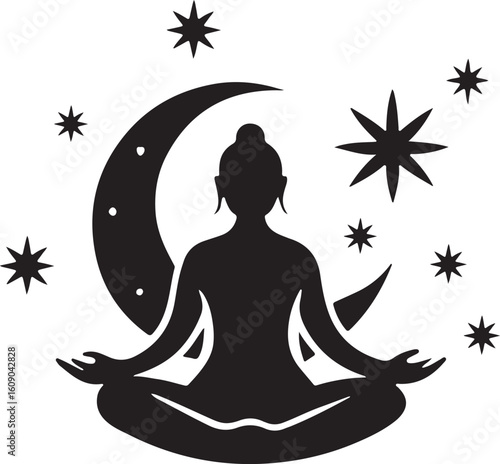 Serene yoga and meditation logo featuring a crescent moon and stars isolated on transparent background