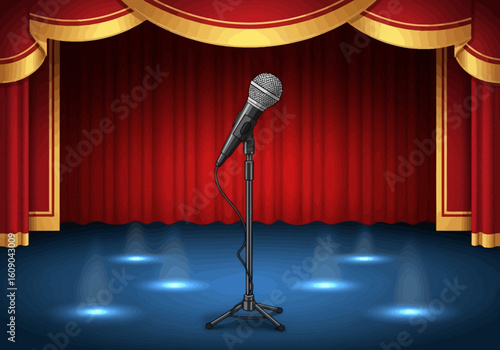 A microphone stands center stage, illuminated by spotlights against a backdrop of red curtains.