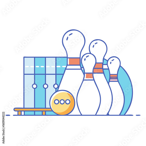Stylized bowling scene with pins, a ball, and a score keeping system