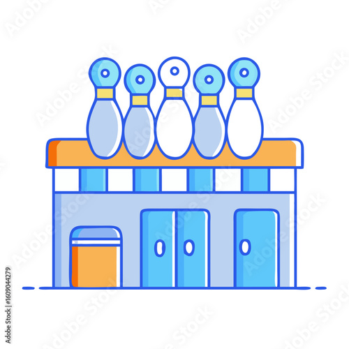 Cartoon image of a bowling alley with pins set to be knocked down