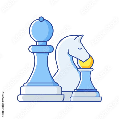 Chess pieces stylized in cartoon fashion with an array of chess figures