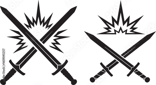 Two crossed swords with explosions silhouette