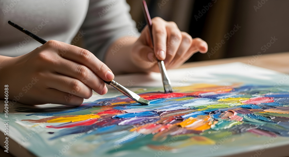 Naklejka premium Close-up of an artist's hands painting a colorful abstract artwork on paper with brushes in a well-lit studio or workspace environment for creative artistic expression and painting hobby