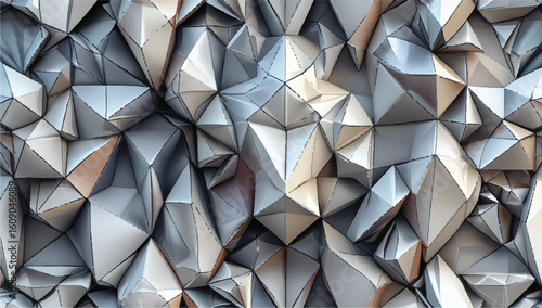 Abstract 3D geometric design with intricate polyhedral shapes in metallic tones, perfect for modern backgrounds, digital art, and creative projects with a futuristic, dynamic aesthetic.