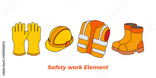 Set of cartoon icons of safety equipment such as gloves, vests, helmets and boots