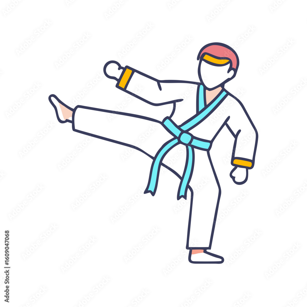 Cartoon Karate Character in Action with Blue Belt and White Uniform Cartoon Karate Character in Action with Blue Belt and White Uniform