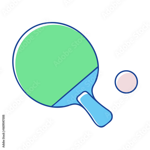 Colorful cartoon graphic of a ping pong paddle and ball on white