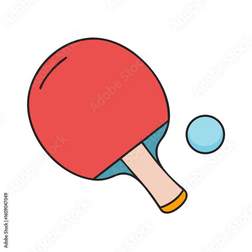 Simplified depiction of a ping pong paddle and ball in bright colors