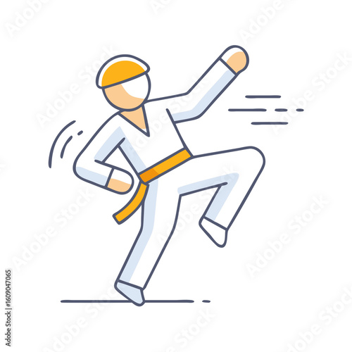Karate master executing a knee strike with determination and speed in a dojo