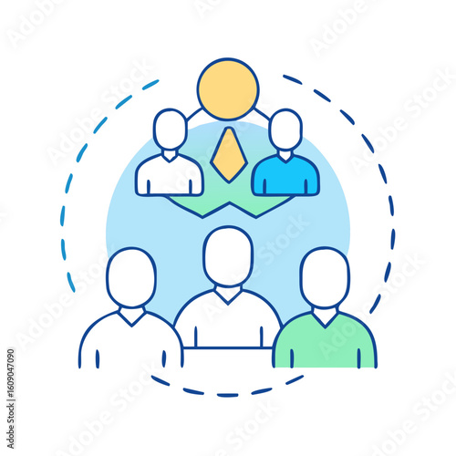 Organizational chart showing a hierarchical structure and team collaboration illustration