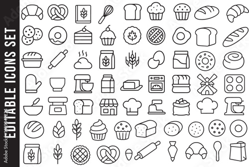 Editable Outline Icon Set for Bakery, Baking, and Pastries