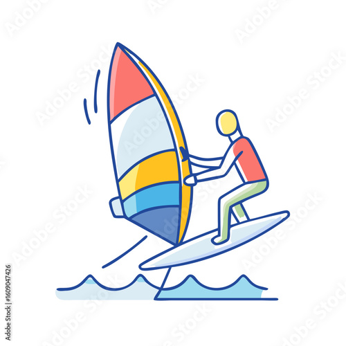 Stylized Illustration of a Windsurfer Sailing on the Water with Colorful Sail