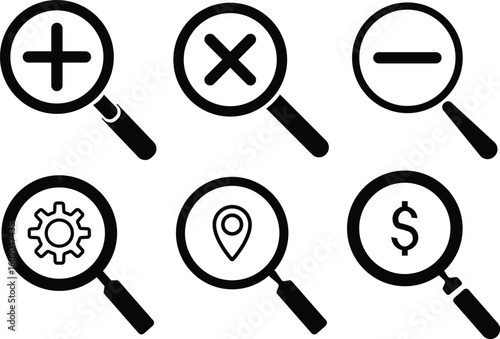 Magnifying glass icon set. Search icon symbol. search icon clip art , zoom in and zoom out symbol, Magnifying glass sign isolated. vector illustration
