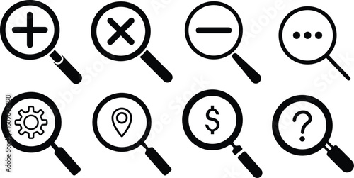 Magnifying glass icon set. Search icon symbol. search icon clip art , zoom in and zoom out symbol, Magnifying glass sign isolated. vector illustration
