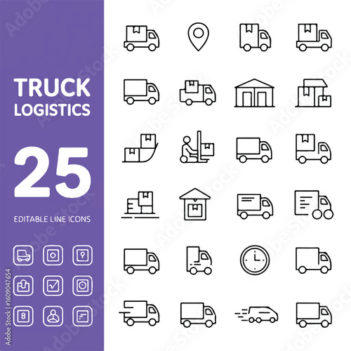 A set of 25 minimalist line art icons for truck logistics and delivery services arranged on a white background.