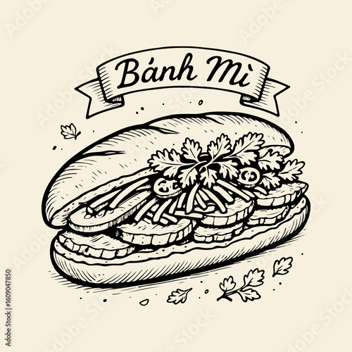 Hand-drawn illustration of a Banh Mi sandwich, showcasing its fillings and garnishes.