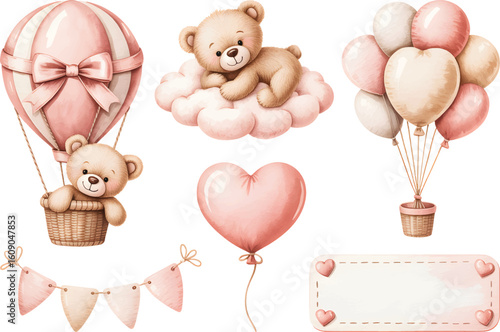Hand painted baby shower with teddy bear, hot air balloon and heart cloud Illustration. 