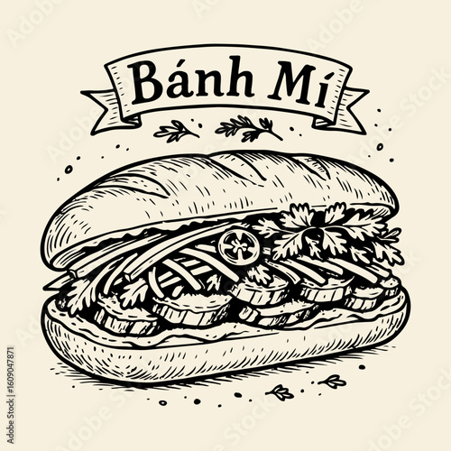 A meticulously detailed hand-drawn illustration of a Banh Mi sandwich, showcasing its ingredients and texture.